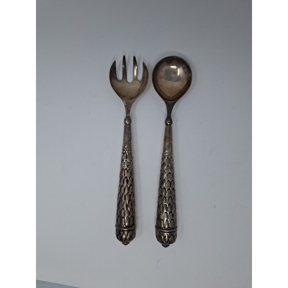 Two's Company Vintage Silver Plated Salad Servers Red Bead Coral and Onyx 12”